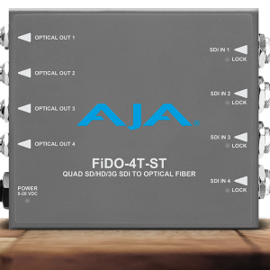 Transmisor AJA FiDO-4T-ST para transporte de cuatro señales SDI mediante fibra óptica ST.
