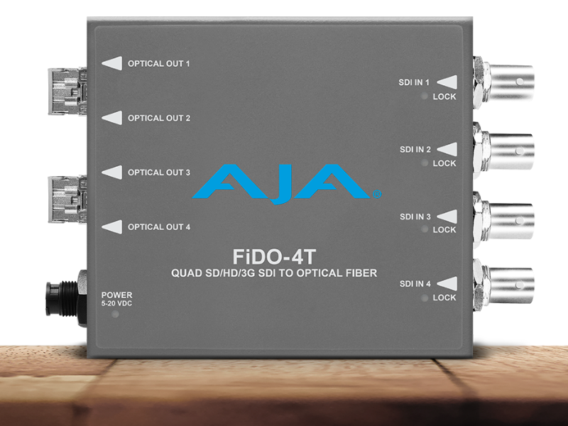 Transmisor AJA FiDO-4T para transporte de cuatro señales SDI mediante fibra óptica profesional.
