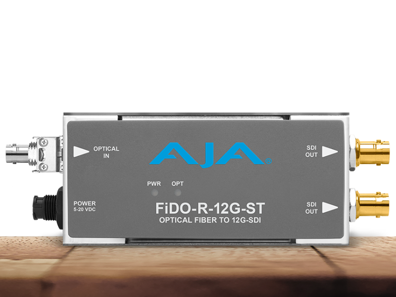 Receptor AJA FiDO-R-12G-ST para recepción profesional de señales 12G-SDI mediante fibra óptica ST.