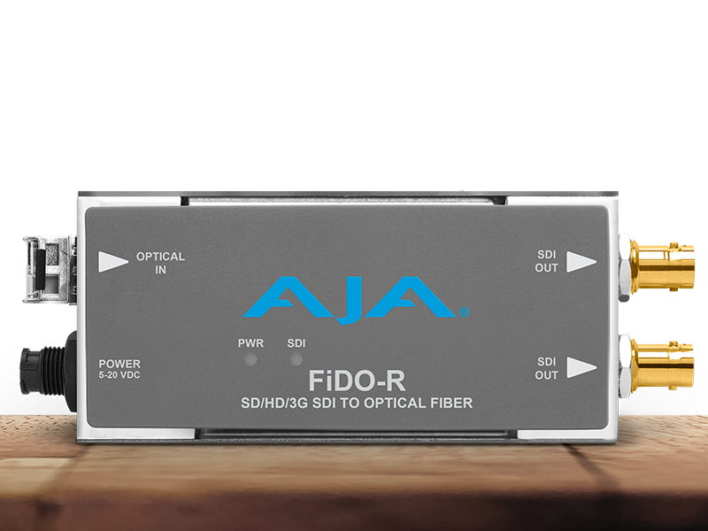 Receptor AJA FiDO-R-MM para recepción profesional de señales SDI mediante fibra óptica multimodo.