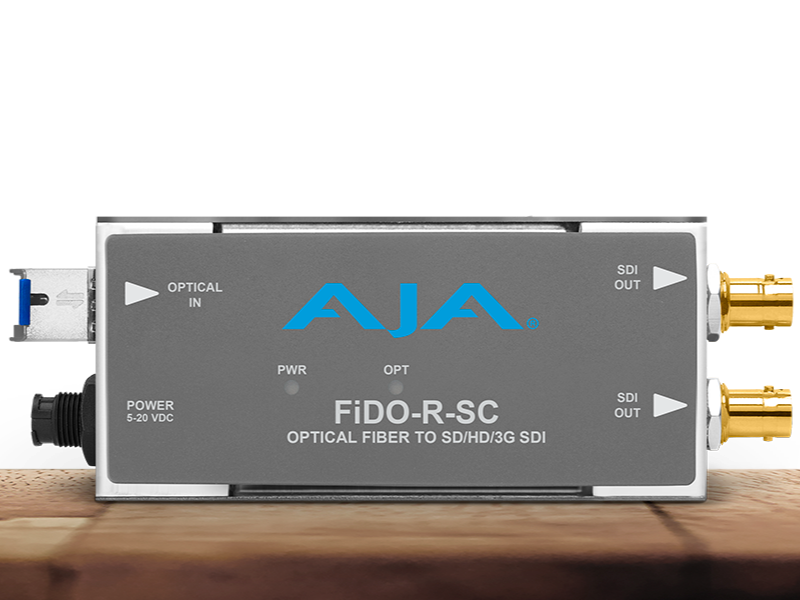 Receptor AJA FiDO-R-SC para recepción profesional de señales SDI mediante fibra óptica con conectividad SC.