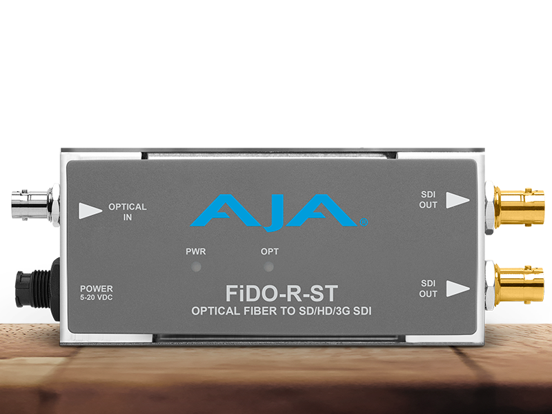 Receptor AJA FiDO-R-ST para recepción profesional de señales SDI mediante fibra óptica ST.