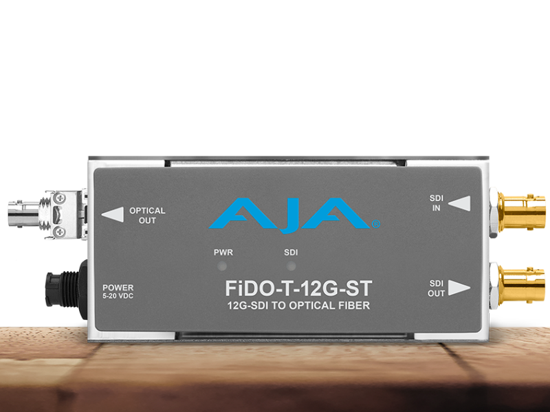 Transmisor AJA FiDO-T-12G-ST para transporte profesional de señales 12G-SDI mediante fibra óptica ST.