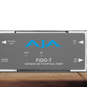 Transmisor AJA FiDO-T-MM para transporte profesional de señales SDI mediante fibra óptica multimodo.