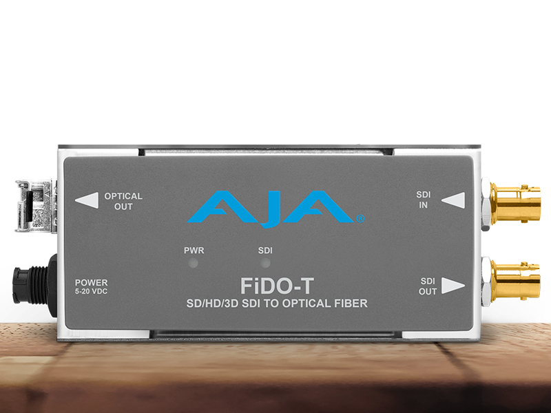 Transmisor AJA FiDO-T-MM para transporte profesional de señales SDI mediante fibra óptica multimodo.