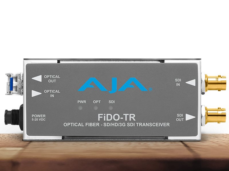 Transceptor AJA FiDO-TR para transmisión y recepción SDI bidireccional mediante fibra óptica.