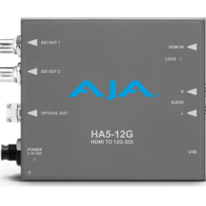 Conversor AJA HA5-12G-T para transmisión HDMI 2.0 a 12G-SDI profesional.