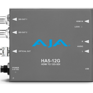Conversor AJA HA5-12G-T-ST para transmisión HDMI a 12G-SDI mediante conectividad de fibra ST.