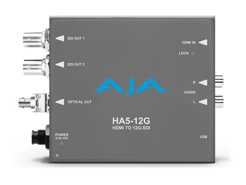 Conversor AJA HA5-12G-T-ST para transmisión HDMI a 12G-SDI mediante conectividad de fibra ST.