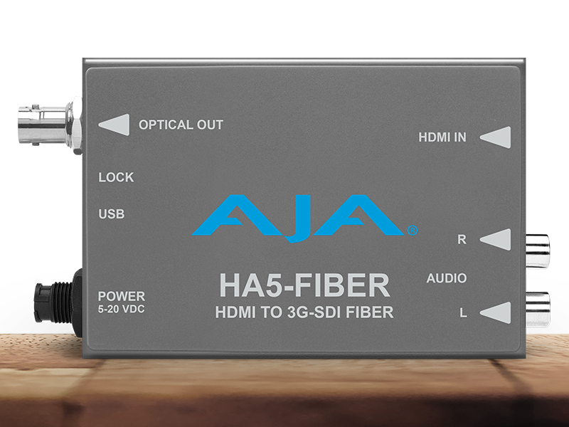 Conversor AJA HA5-Fiber para transmisión HDMI sobre fibra óptica profesional.