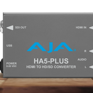 Conversor AJA HA5-Plus para transmisión HDMI a SDI profesional con audio embebido.