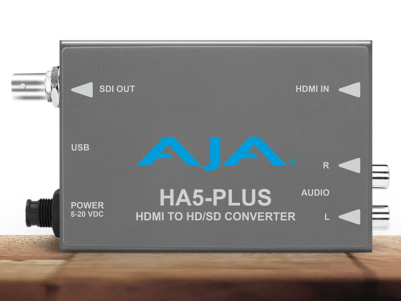 Conversor AJA HA5-Plus para transmisión HDMI a SDI profesional con audio embebido.