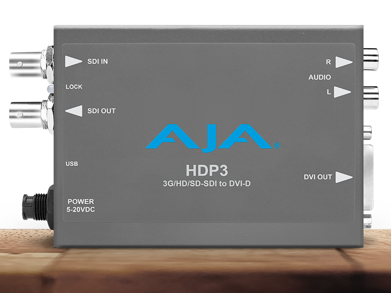 Conversor AJA HDP3 para conversión profesional de HD-SDI a HDMI y DVI.