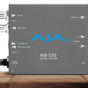 Conversor AJA Hi5-12G para recepción de señales 12G-SDI y salida HDMI profesional.