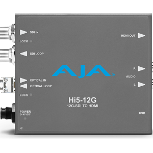 Conversor AJA Hi5-12G-R-ST para recepción de señales 12G-SDI y salida HDMI mediante fibra ST.