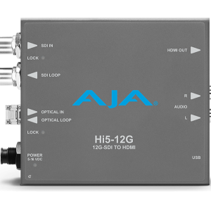 Conversor bidireccional AJA Hi5-12G-TR para señales HDMI y 12G-SDI profesionales.
