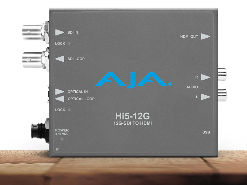 Conversor AJA Hi5-12G para recepción de señales 12G-SDI y salida HDMI profesional.