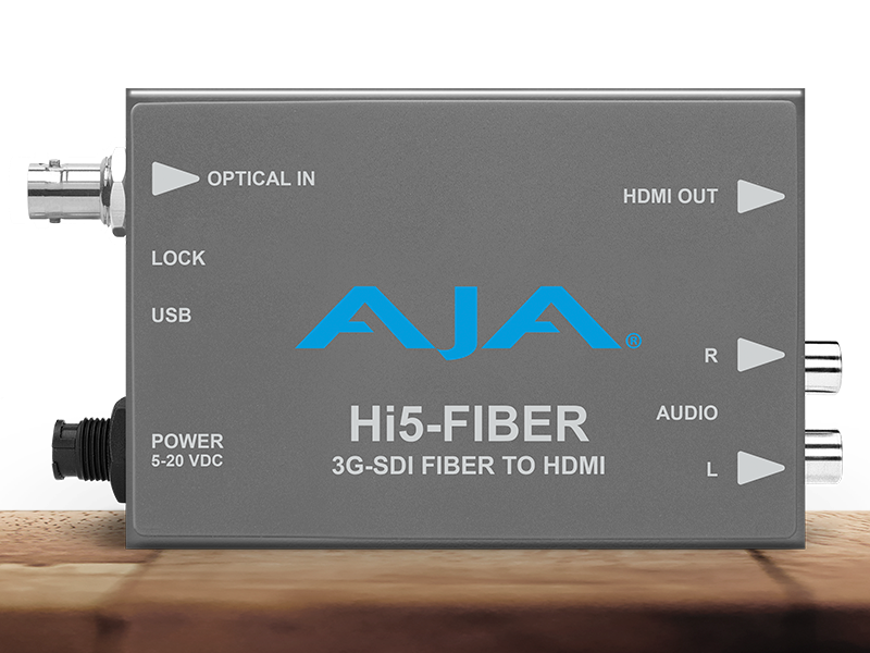 Conversor AJA Hi5-Fiber para recepción profesional de señales HDMI mediante fibra óptica.