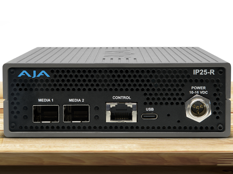 Receptor AJA IP25-R para conversión profesional de vídeo IP SMPTE ST 2110 en entornos broadcast.