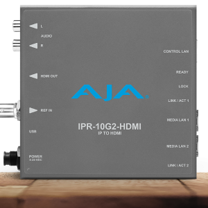 Receptor IP AJA IPR-10G2-HDMI para conversión profesional de vídeo IP a HDMI en entornos broadcast.