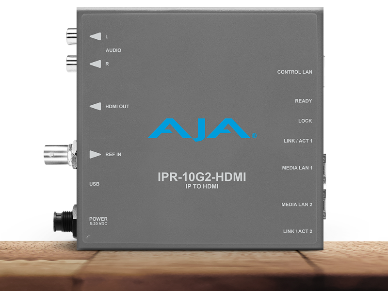 Receptor IP AJA IPR-10G2-HDMI para conversión profesional de vídeo IP a HDMI en entornos broadcast.