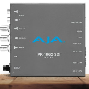 Receptor profesional AJA IPR-10G2-SDI para conversión de vídeo IP a señales SDI broadcast.