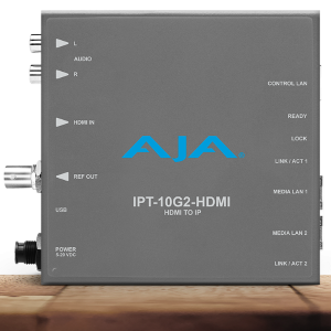 Transmisor AJA IPT-10G2-HDMI para envío profesional de señales HDMI sobre redes IP.