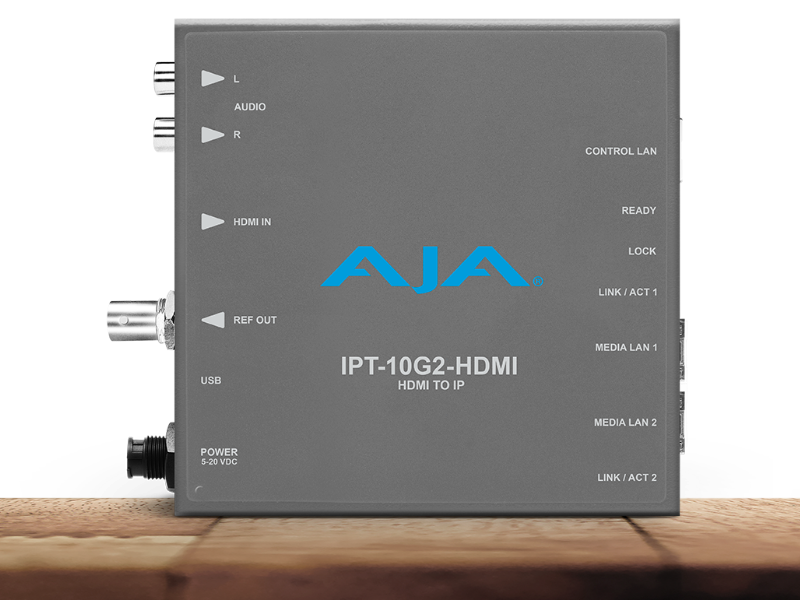 Transmisor AJA IPT-10G2-HDMI para envío profesional de señales HDMI sobre redes IP.