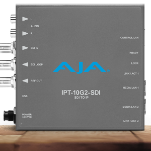 Transmisor profesional AJA IPT-10G2-SDI para transporte de señales SDI sobre redes IP.