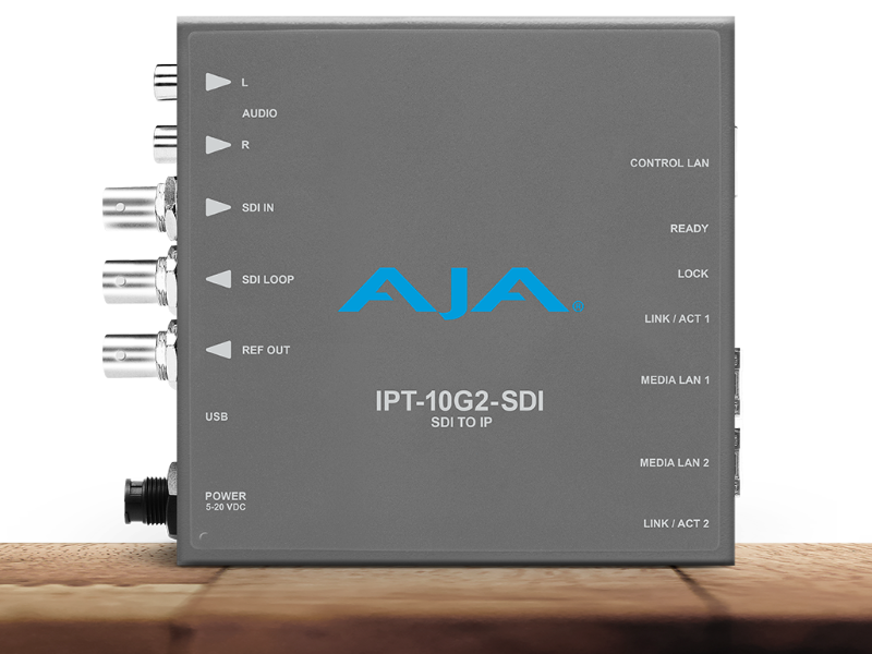 Transmisor profesional AJA IPT-10G2-SDI para transporte de señales SDI sobre redes IP.