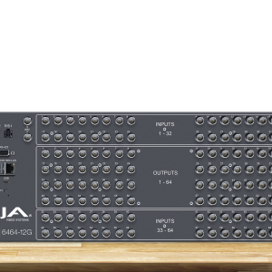 Router AJA KUMO 6464-12G para distribución profesional UHD y 4K mediante 12G-SDI.