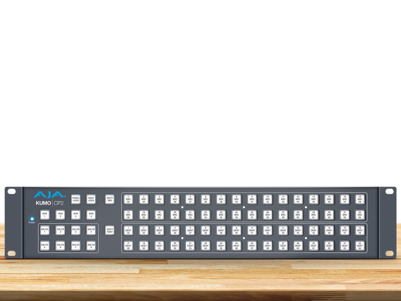 Panel de control AJA KUMO CP2 para gestión avanzada de routers broadcast.