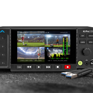 Grabador portátil AJA Ki Pro GO2 para captura multicámara H.264 con entradas SDI y HDMI profesionales.