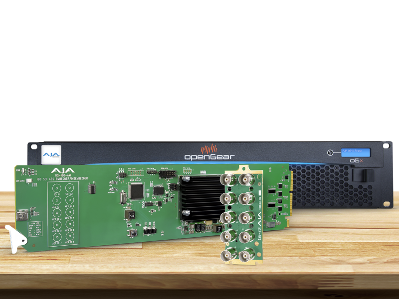 Tarjeta OpenGear AJA OG-12G-AM para integración profesional de audio embebido y 12G-SDI.