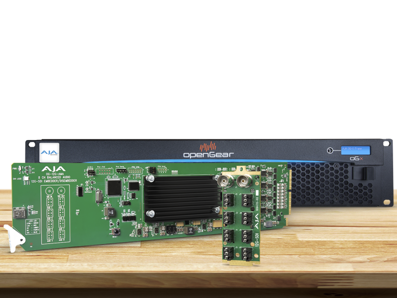 Tarjeta OpenGear AJA OG-12G-AMA para integración profesional de audio analógico y 12G-SDI.