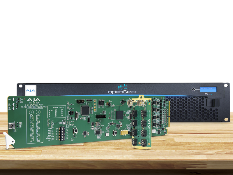 Tarjeta OpenGear AJA OG-3G-AMA para integración profesional de audio analógico y señales 3G-SDI.