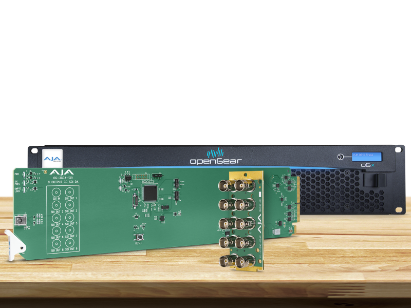 Tarjeta OpenGear AJA OG-3GDA-1x9 para distribución profesional 3G-SDI de una entrada a nueve salidas.