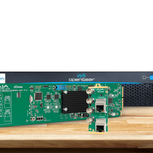Módulo OpenGear AJA OG-DANTE-12GAM para integración profesional de audio Dante y señales SDI.
