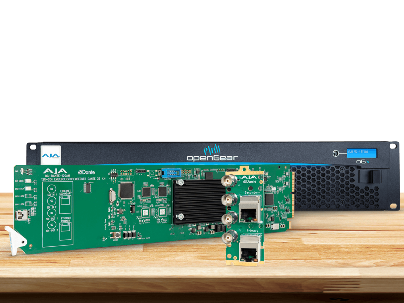 Módulo OpenGear AJA OG-DANTE-12GAM para integración profesional de audio Dante y señales SDI.