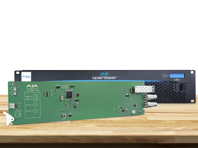 Tarjeta OpenGear AJA OG-FiDO-2R-12G para recepción dual 12G-SDI mediante fibra óptica.