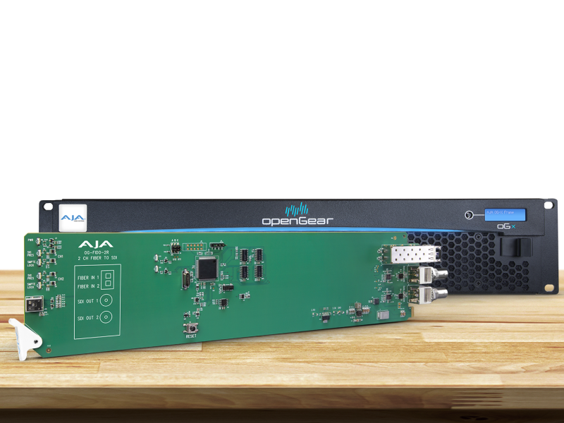 Tarjeta OpenGear AJA OG-FiDO-2R-MM para recepción dual SDI mediante fibra multimodo.