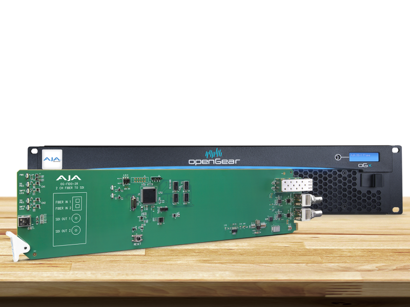 Tarjeta OpenGear AJA OG-FiDO-2R para recepción dual de señales SDI mediante fibra óptica.