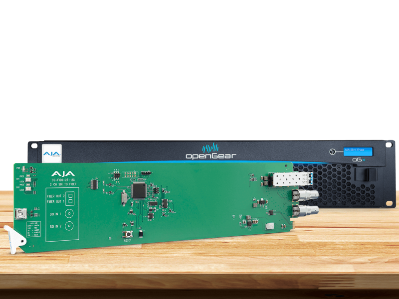Tarjeta OpenGear AJA OG-FiDO-2T-12G para transmisión dual 12G-SDI mediante fibra óptica.