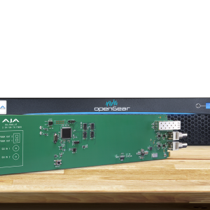 Tarjeta OpenGear AJA OG-FiDO-2T para transmisión dual de señales SDI mediante fibra óptica.