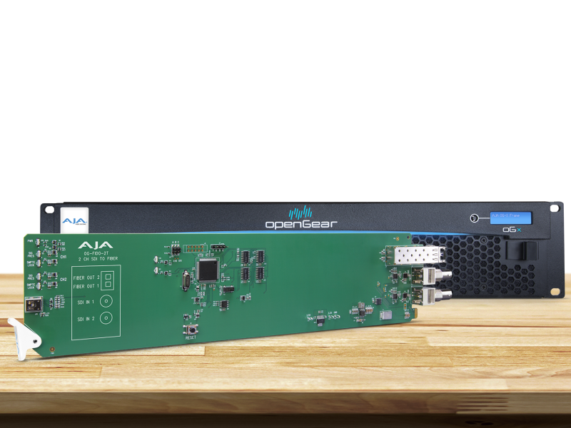 Tarjeta OpenGear AJA OG-FiDO-2T-MM para transmisión dual SDI mediante fibra multimodo.