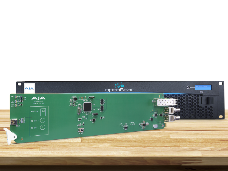 Tarjeta OpenGear AJA OG-FiDO-R-MM para recepción profesional SDI mediante fibra multimodo.