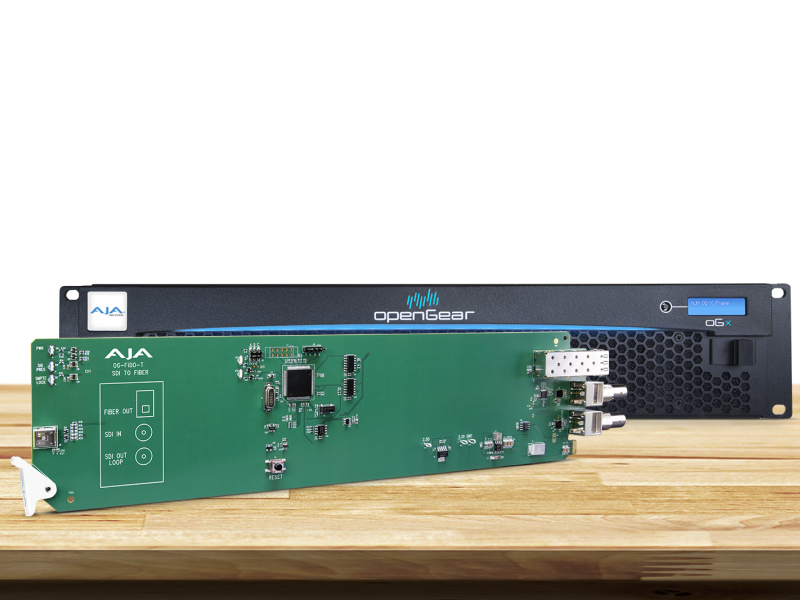 Tarjeta OpenGear AJA OG-FiDO-T para transmisión profesional SDI mediante fibra óptica.