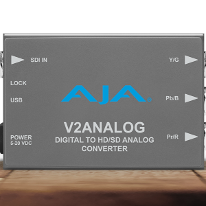 Conversor AJA V2Analog para conversión profesional de señales digitales a vídeo analógico broadcast.