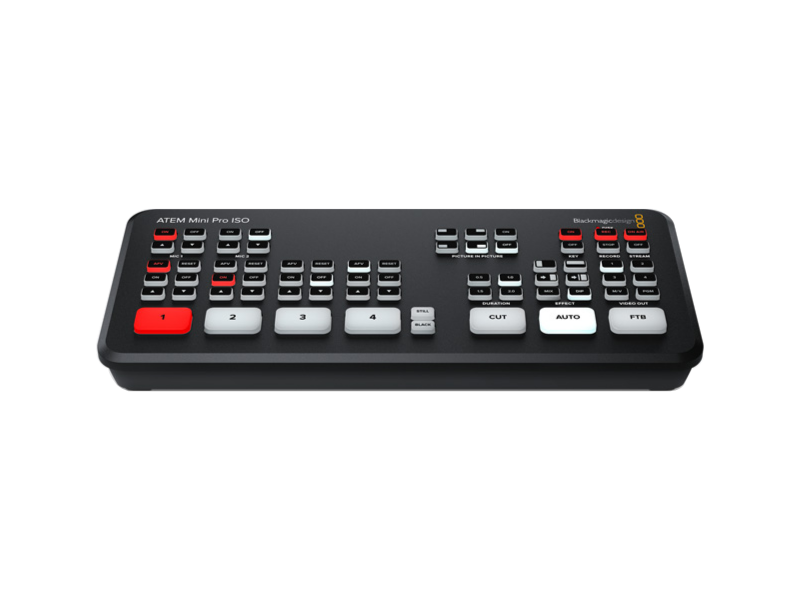 ATEM Mini Pro ISO mezclador HDMI profesional con 4 entradas, grabación ISO multicámara, streaming integrado y compatibilidad con DaVinci Resolve.