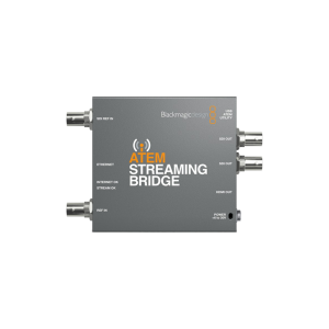 ATEM Streaming Bridge dispositivo de recepción de streaming IP que convierte vídeo H.264 en salidas SDI y HDMI para producción remota.